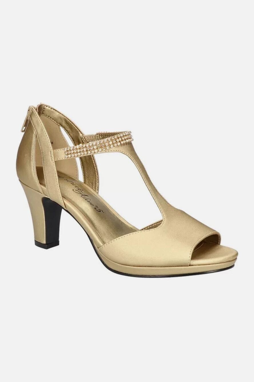 Easy Street Alive 5 Gold Size 7.5W Jeweled Open Toe T-Strap Ballroom Dance Heels